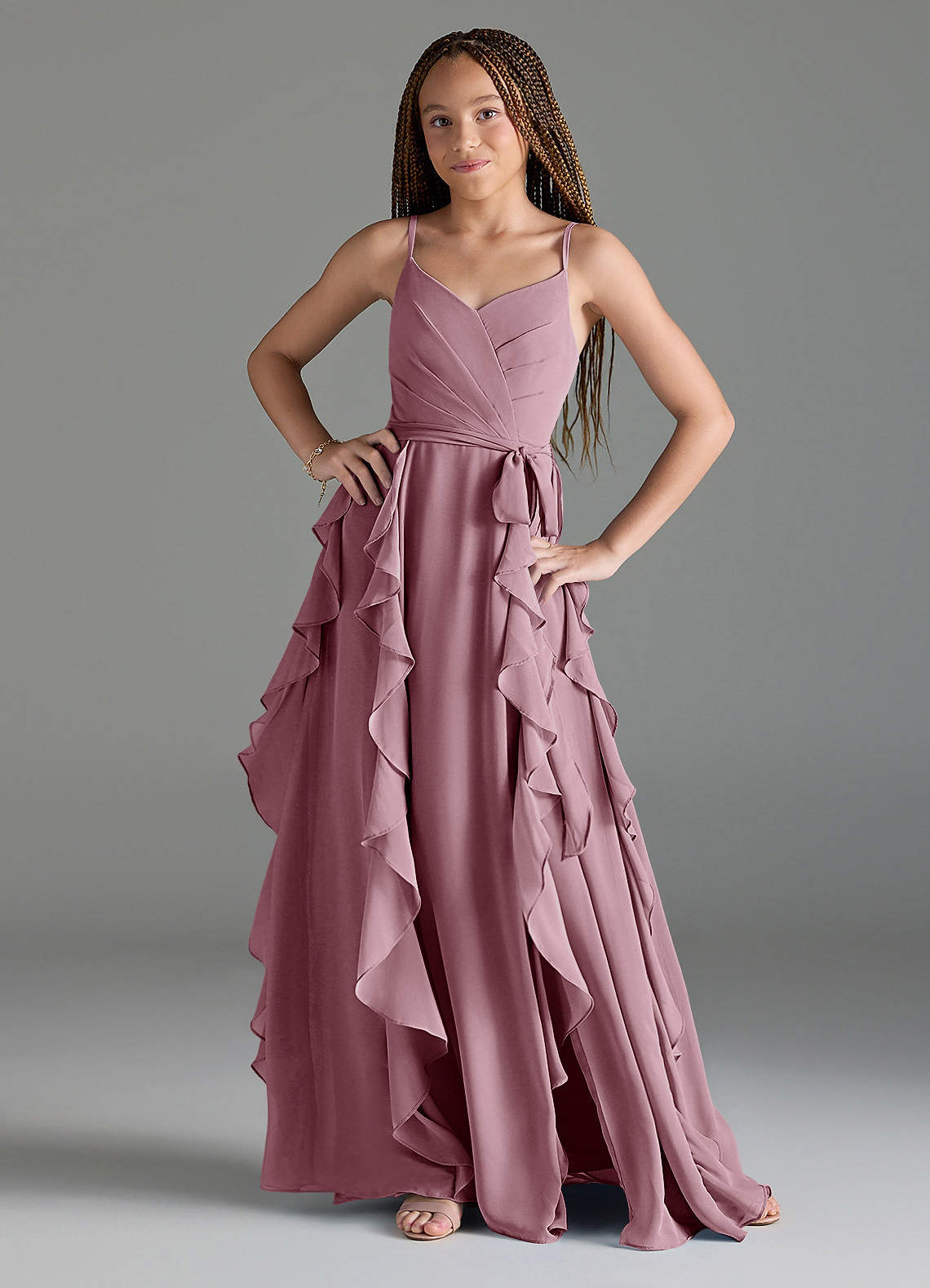 Azazie Peyton Junior Vintage Mauve A-Line V-Neck Cascading Ruffles Chiffon Dress image1