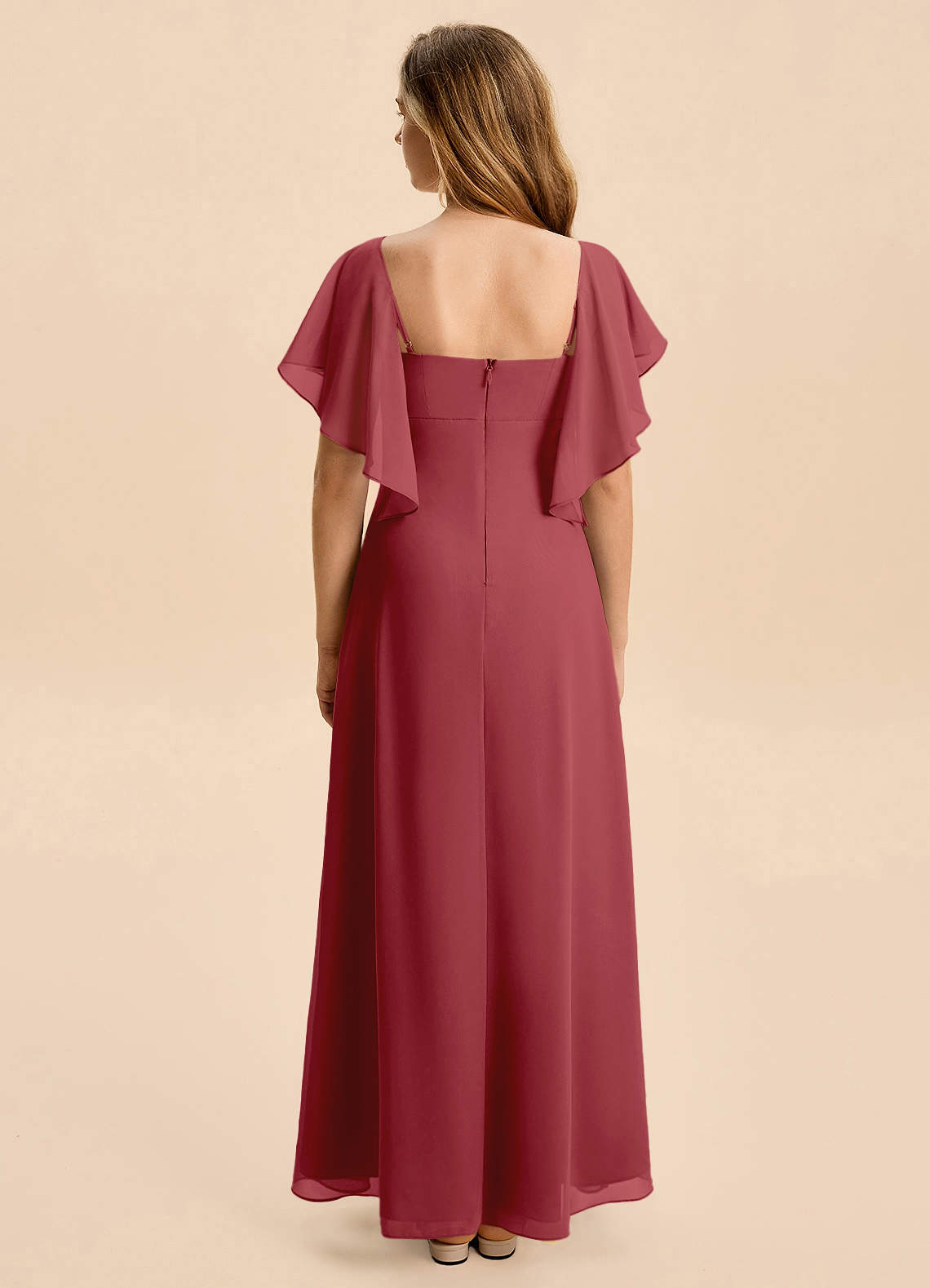 Azazie Selena Junior Pomegranate A-Line Ruched Chiffon Dress image1