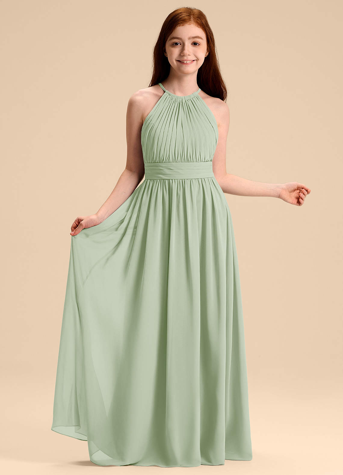 Azazie Malone Junior Vestido Dusty Sage de Chiffon de Linha A com Plissado image5