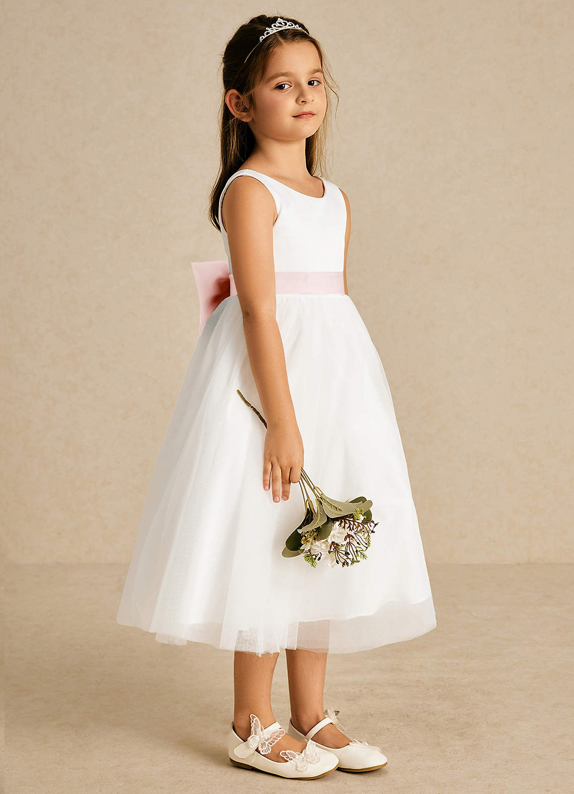 Azazie Kavi Flower Girl Dresses Ivory Blushing Pink A-Line Bow Matte Satin Dress image3