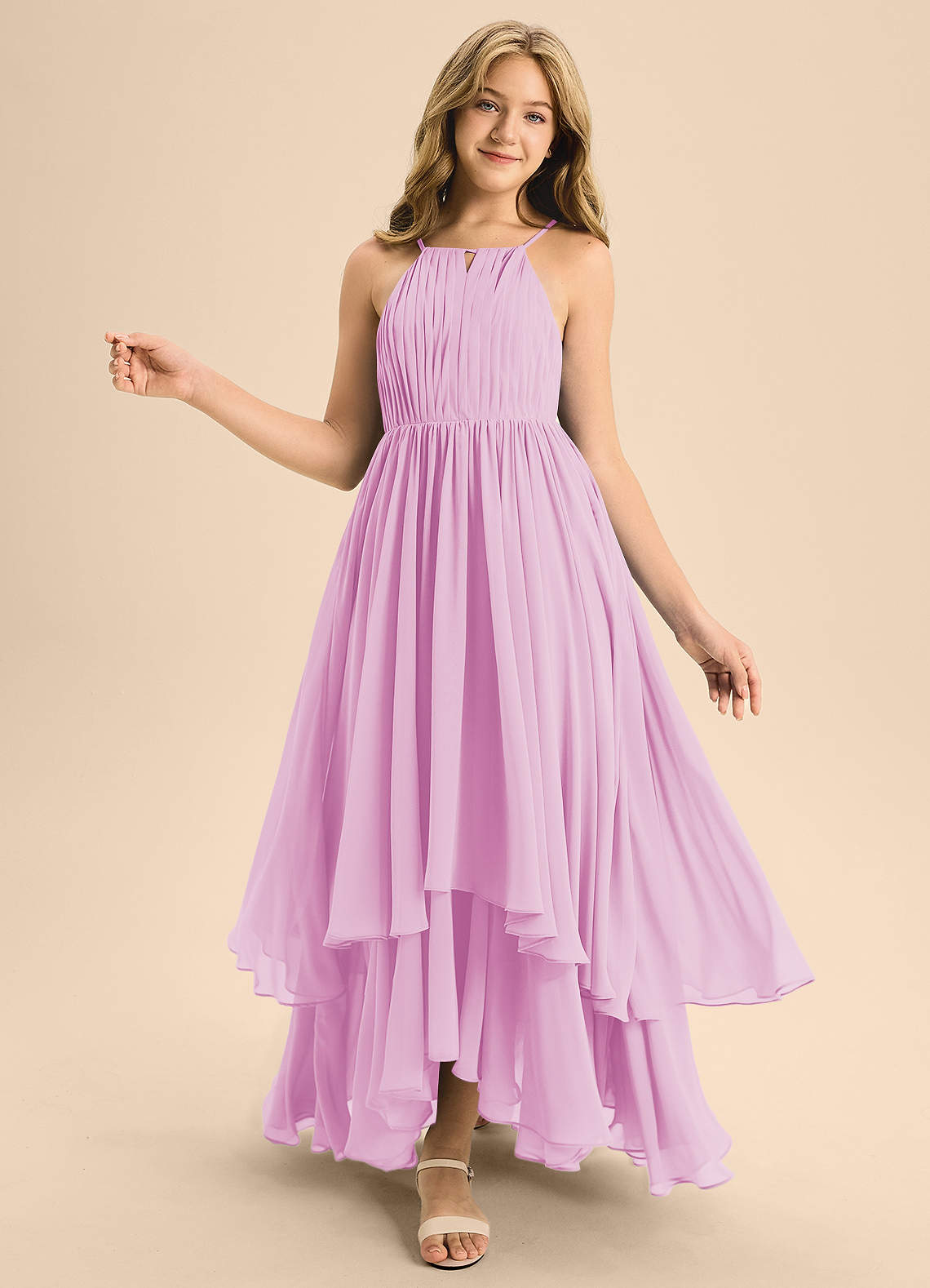 Azazie Elliora Junior Candy Pink A-Line Pleated Chiffon Dress image1