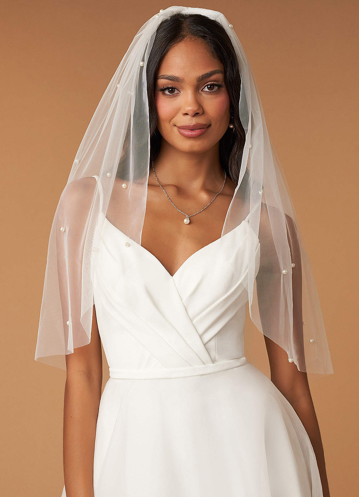 front Megara Pearl Waist Length Veil