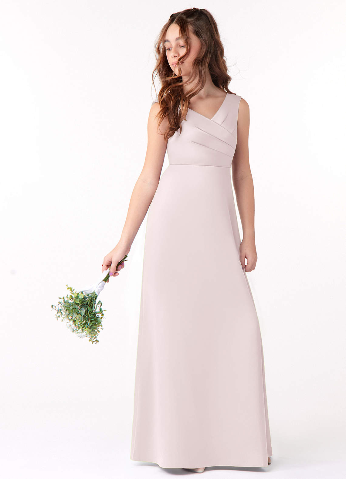 Azazie Sadia Junior Blushing Pink A-Line Pleated Matte Satin Dress image1
