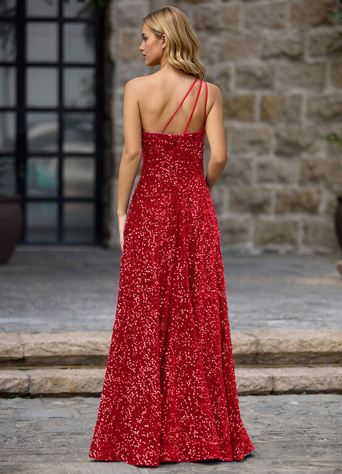 Opulent Red Velvet Sequins Prom Dress image1