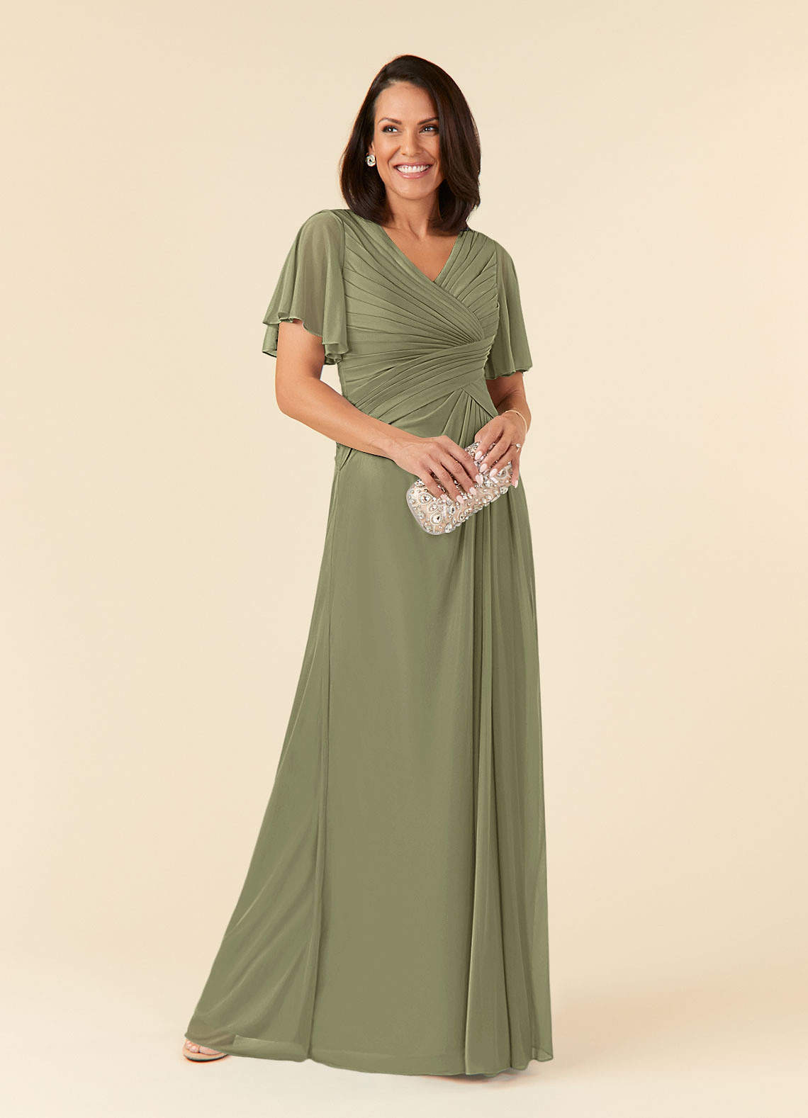 Azazie Emmeline Mother of the Bride Dresses Pistachio A-Line V-Neck Pleated Mesh Dress image1