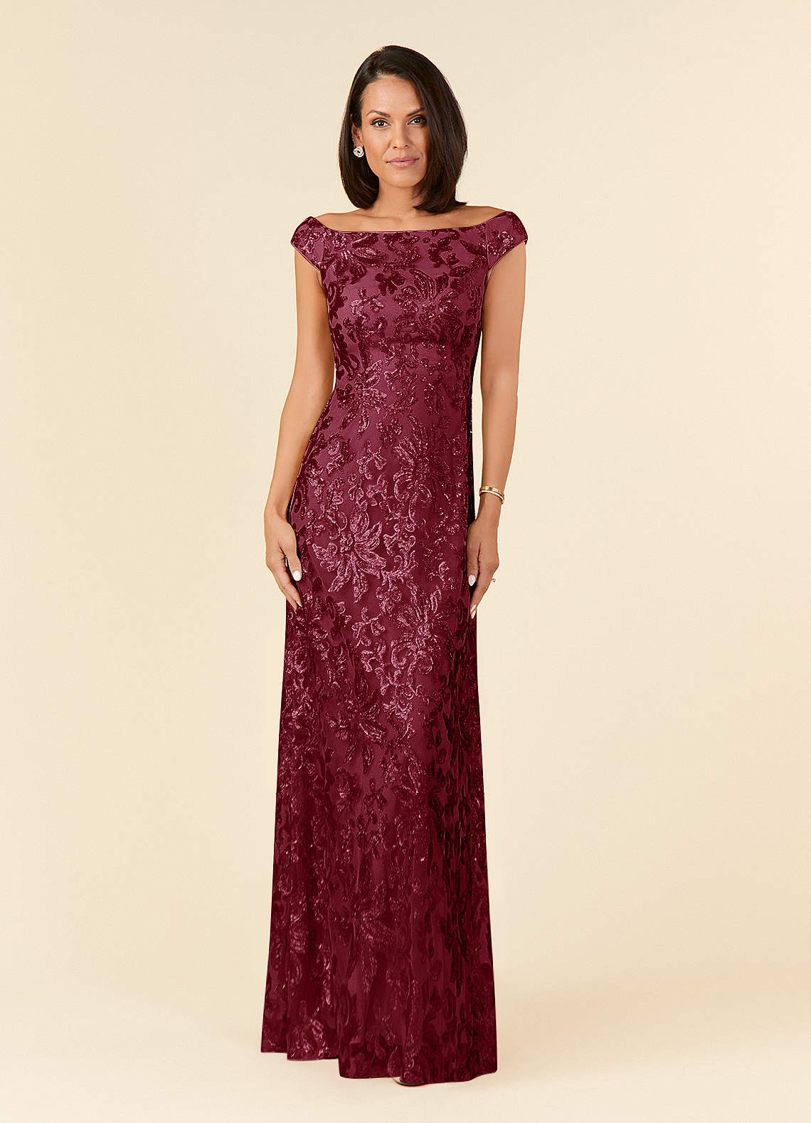 Azazie Porcelain Mother of the Bride Dresses Burgundy A-Line Off the Shoulder Lace Dress image1