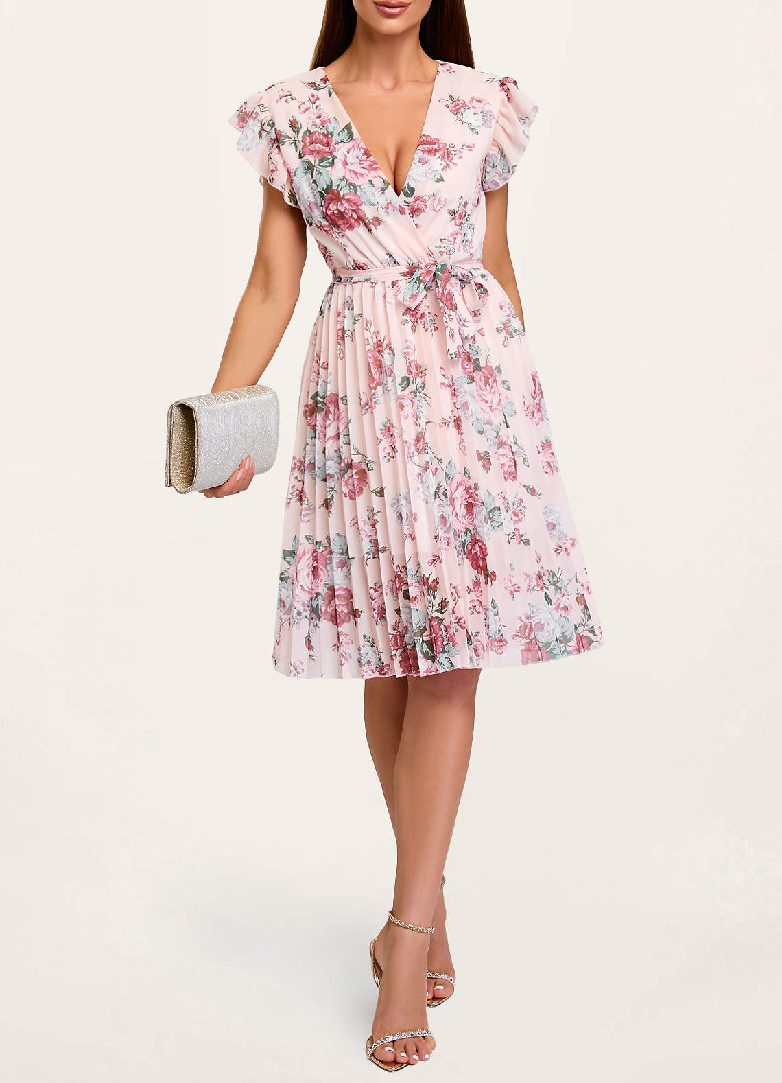 Cute Romantic Pink Floral Print Flutter Midi Dress Dresses | Azazie