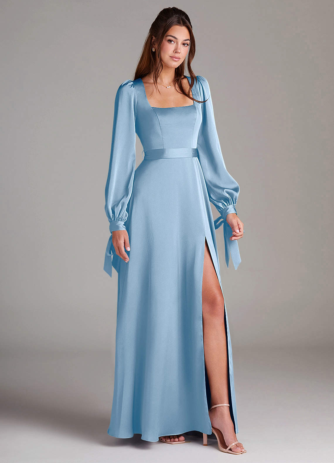 Azazie Leonia Suknie dla druhen Linia A Długi rękaw Satyna elastyczna Do ziemi Sukienka image2