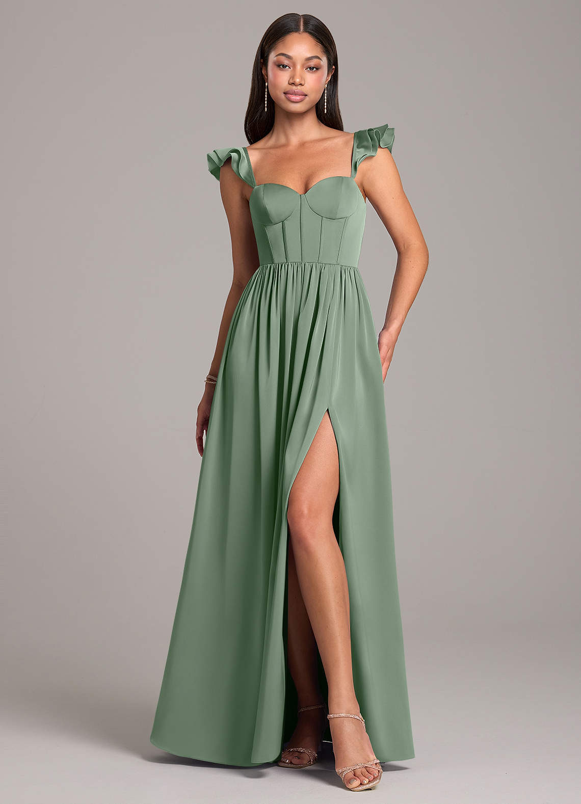 Azazie Denisse Bridesmaid Dresses Matcha A-Line Ruched Stretch Satin Dress image1
