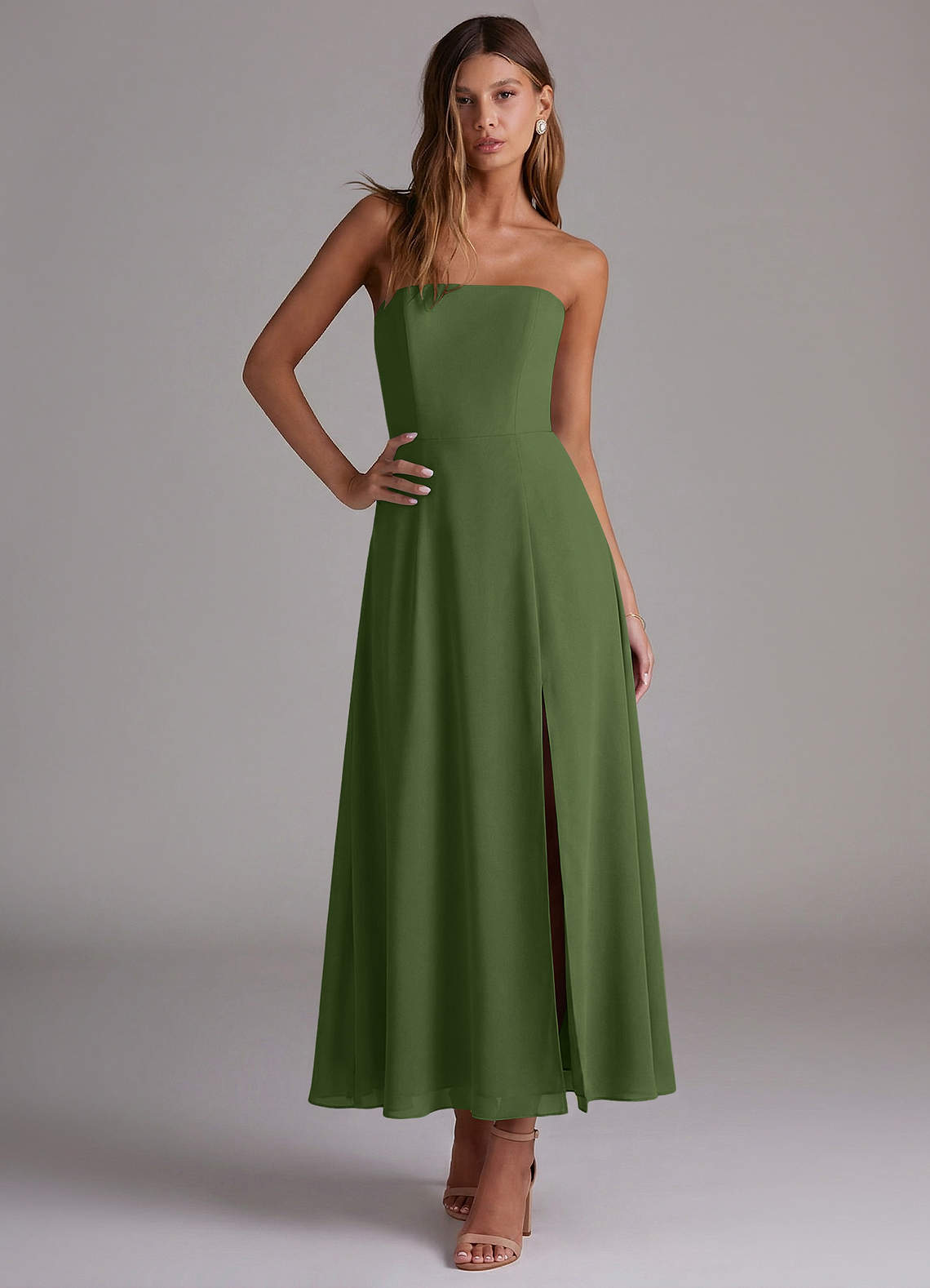 Azazie Wren Abiti da Damigella Abito A-Line in Chiffon Senza Cinturino Oliva image4