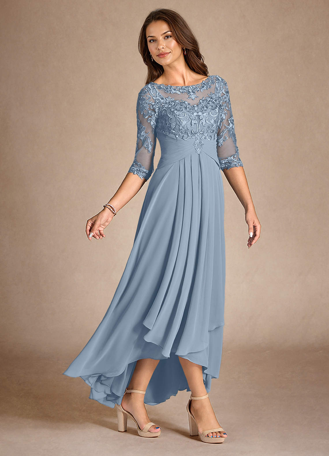 Azazie Marietta At-home Try On Dresses Dusty Blue A-Line Lace Dress image1