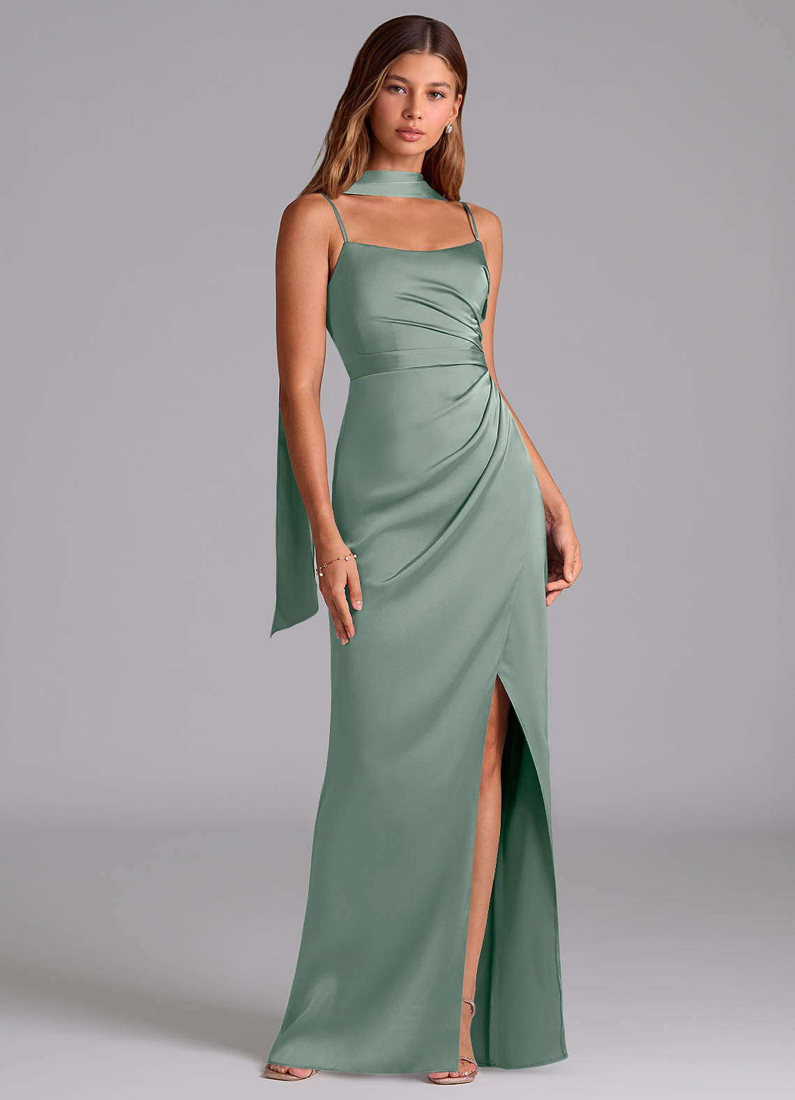 Azazie Calandra Brudtärnklänningar Klä av A-Linje i Stretch Satin Plisserad Silversalvia image1