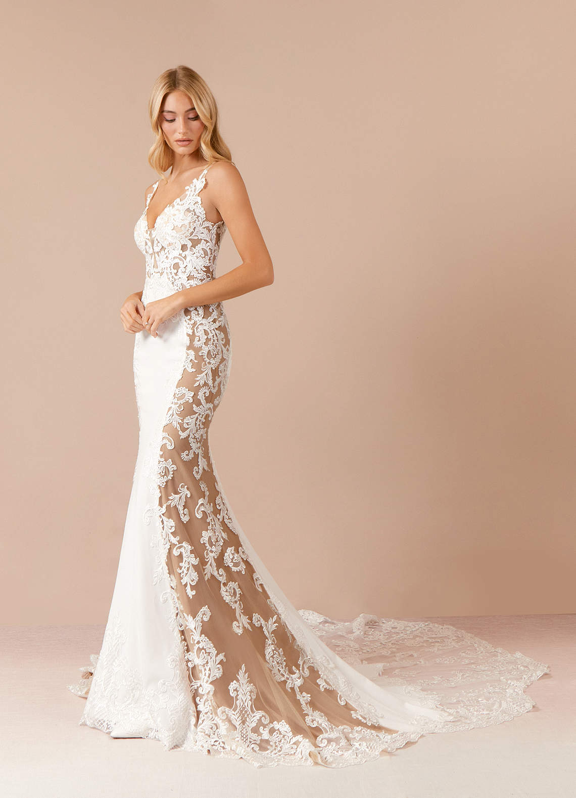 Azazie Estephanie Diamond White Caramel Mermaid Sequins Stretch