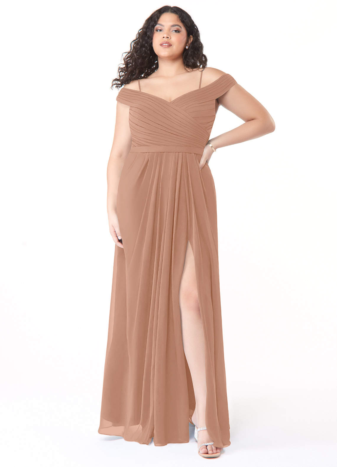 Azazie Audrianna Bridesmaid Dresses Champagne Rose A-Line Off-The-Shoulder Gathered Chiffon Convertible Dress image1