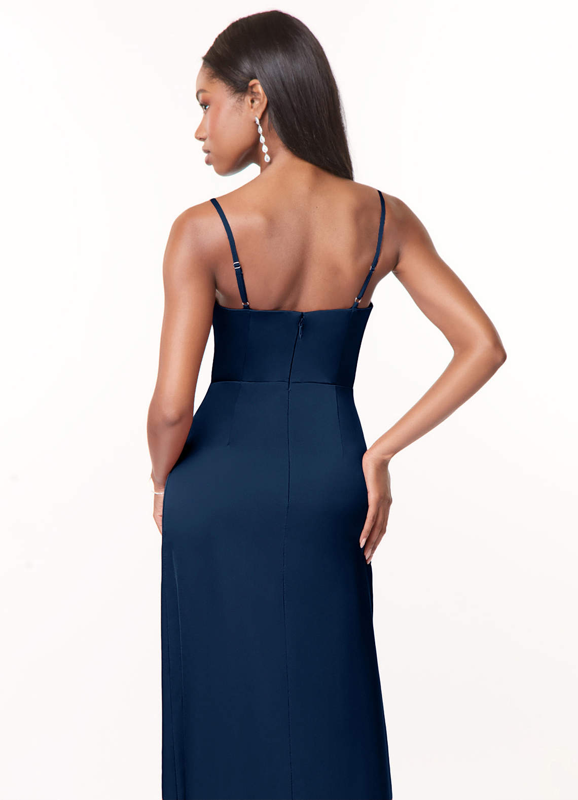 Azazie A-Line/Princess V-Neck Floor-Length Stretch Satin Bridesmaid Dresses - Dark Navy