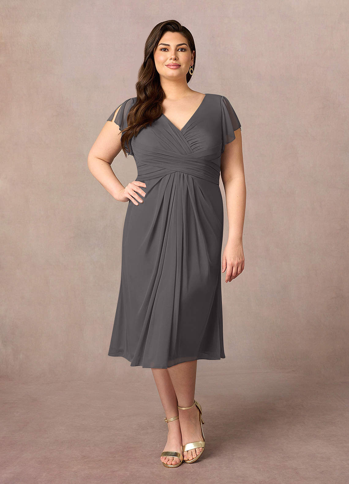 Azazie Vera Mother of the Bride Dresses Steel Grey A-Line V-Neck Pleated Mesh Dress image5