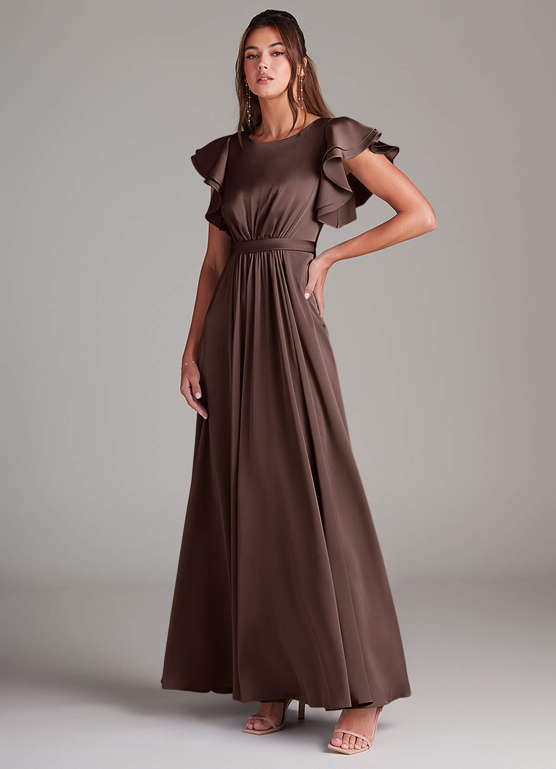 Azazie Daphne Modest Bridesmaid Dresses A-Line Ruched Stretch Satin Floor-Length Dress image3