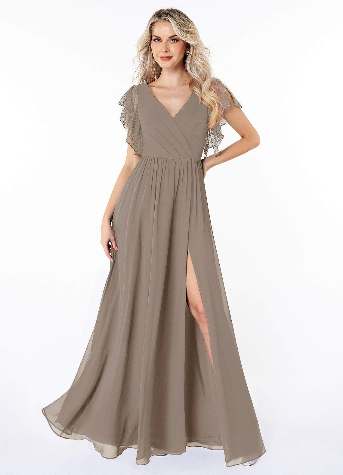 Azazie Zella Bridesmaid Dresses Taupe A-Line Lace Chiffon Dress image1