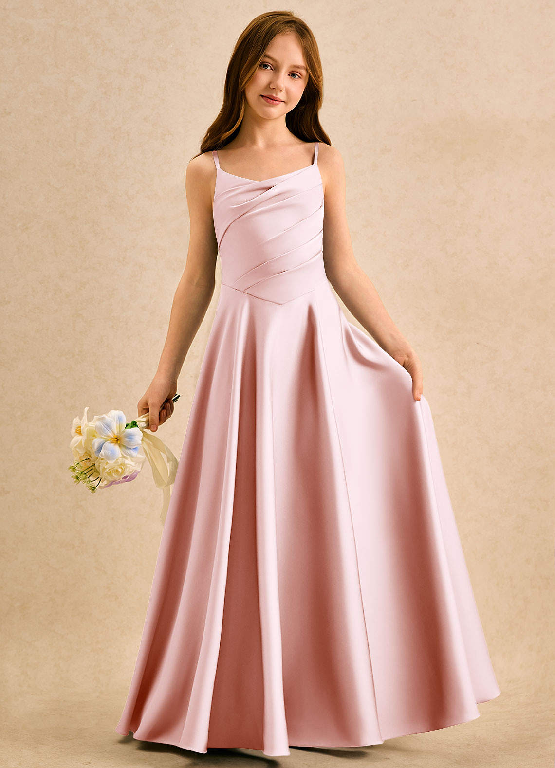 Azazie Coconut Girls Formal Sprzedaż ostateczna Linia A Pofałdowany Satyna elastyczna Długość podłogi Sukienka image2