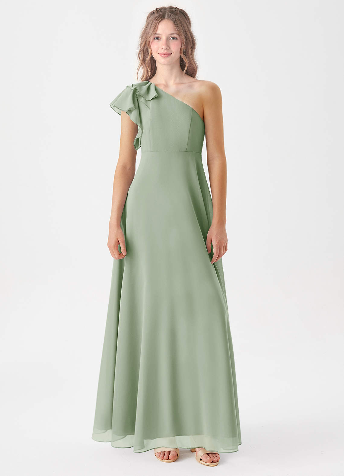 Azazie Arabella Junior Vestido de Salvia Polvorienta de Gasa de Corte en A con Volante image2