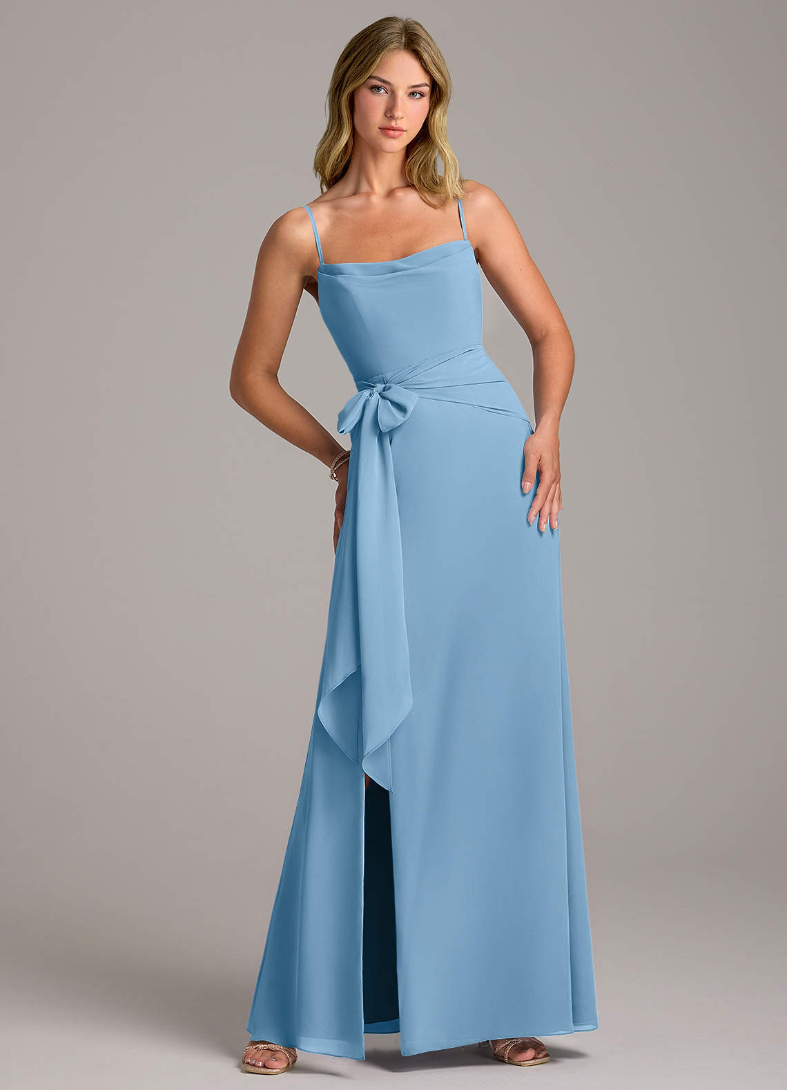 Azazie Tahlia Bridesmaid Dresses Steel Blue A-Line with Belt Chiffon Dress image1