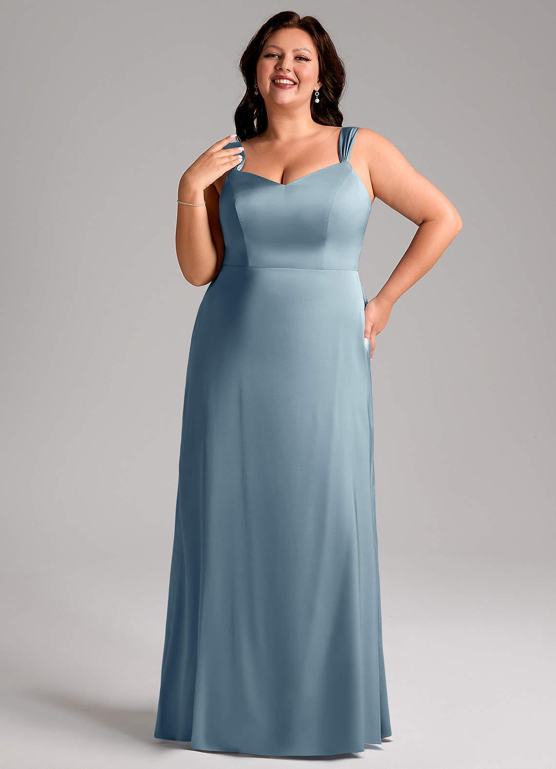 Azazie Denice Bridesmaid Dresses Dusty Blue Sheath Pleated Stretch Satin Dress image9