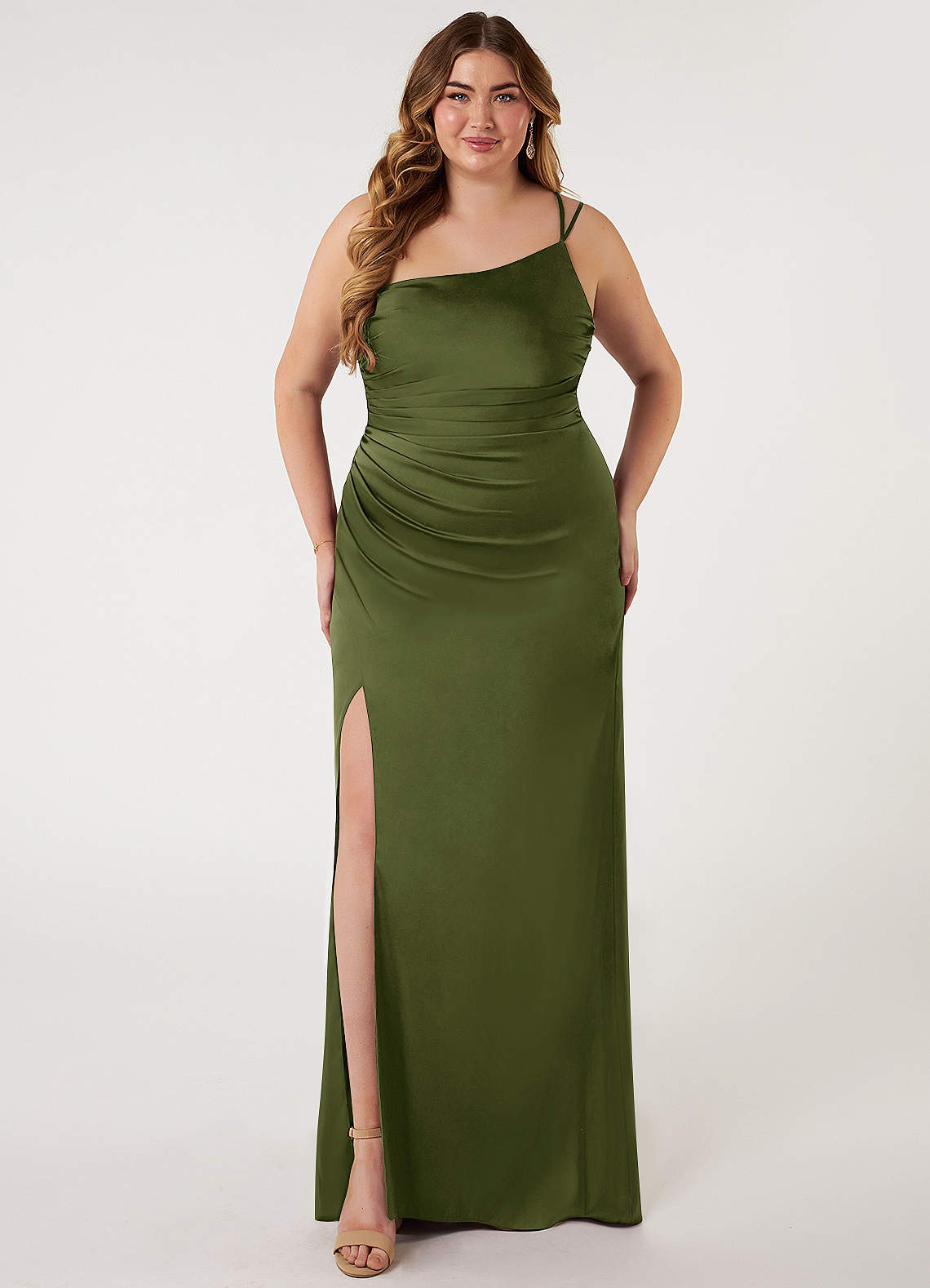 Azazie Eren Vestidos de damas de honor Vestido de Oliva de Satén Elástico de Corte Sirena con Hombro unilateral image1