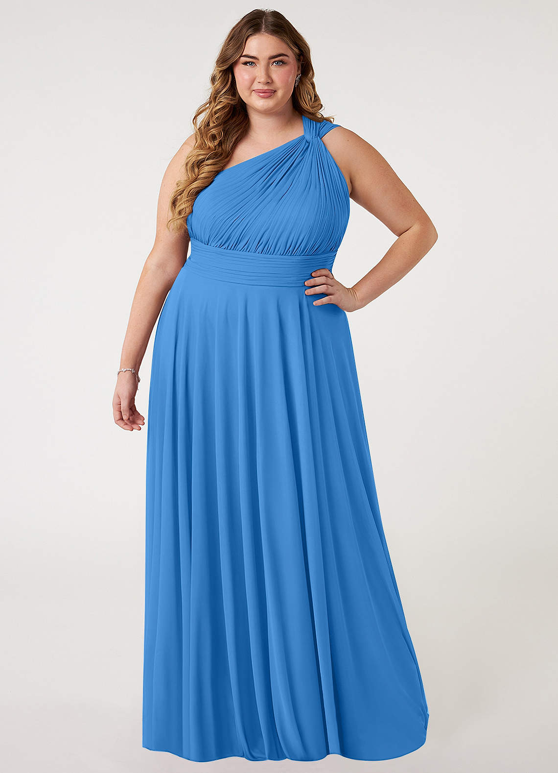 Azazie Charlize Vestidos de damas de honor Vestido de Azul Grisaceo de Malla de Corte en A con Hombro unilateral image5