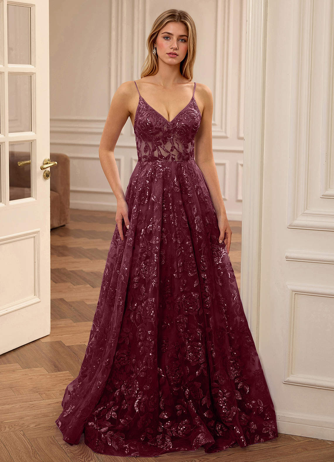 Juliette Burgundy V-neck A-line Sequin Embroidery Floral Prom Dress