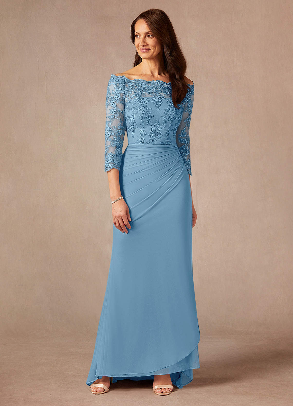 Azazie Rhonda Mother of the Bride Dresses Steel Blue Mermaid Off the Shoulder Mesh Dress image1