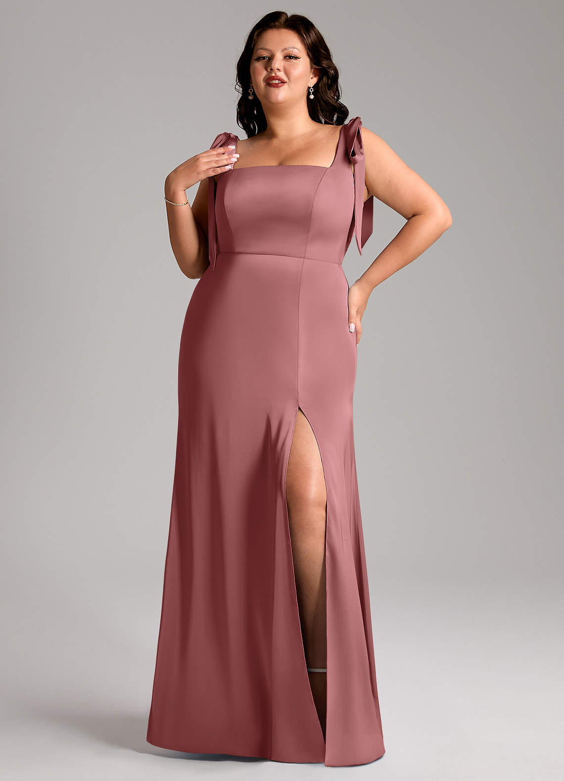 Azazie Frostine Bridesmaid Dresses Amethyst A-Line Bow Stretch Satin Dress image1