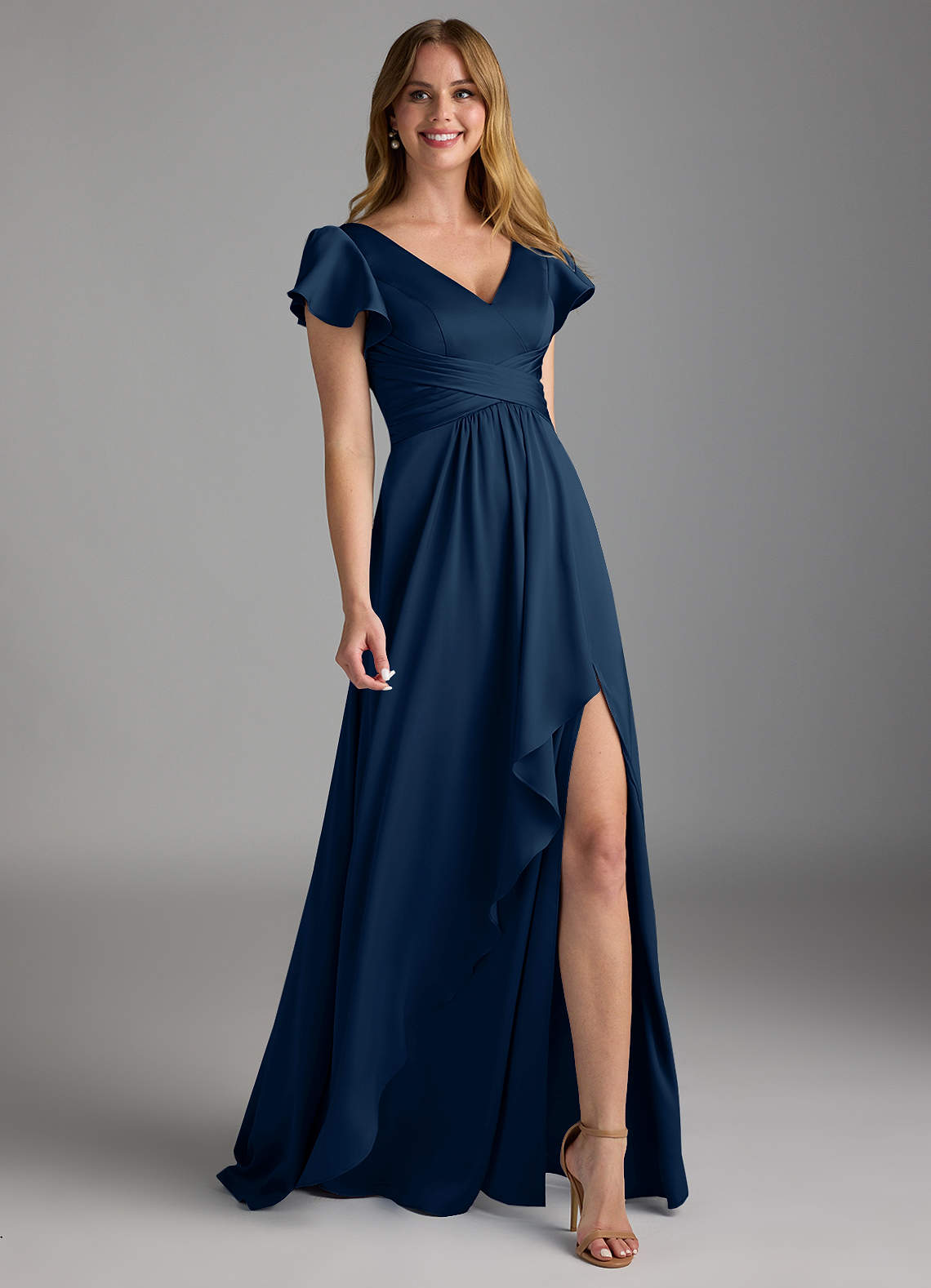 Azazie Omari Bridesmaid Dresses Dark Navy A-Line Stretch Satin Dress image1
