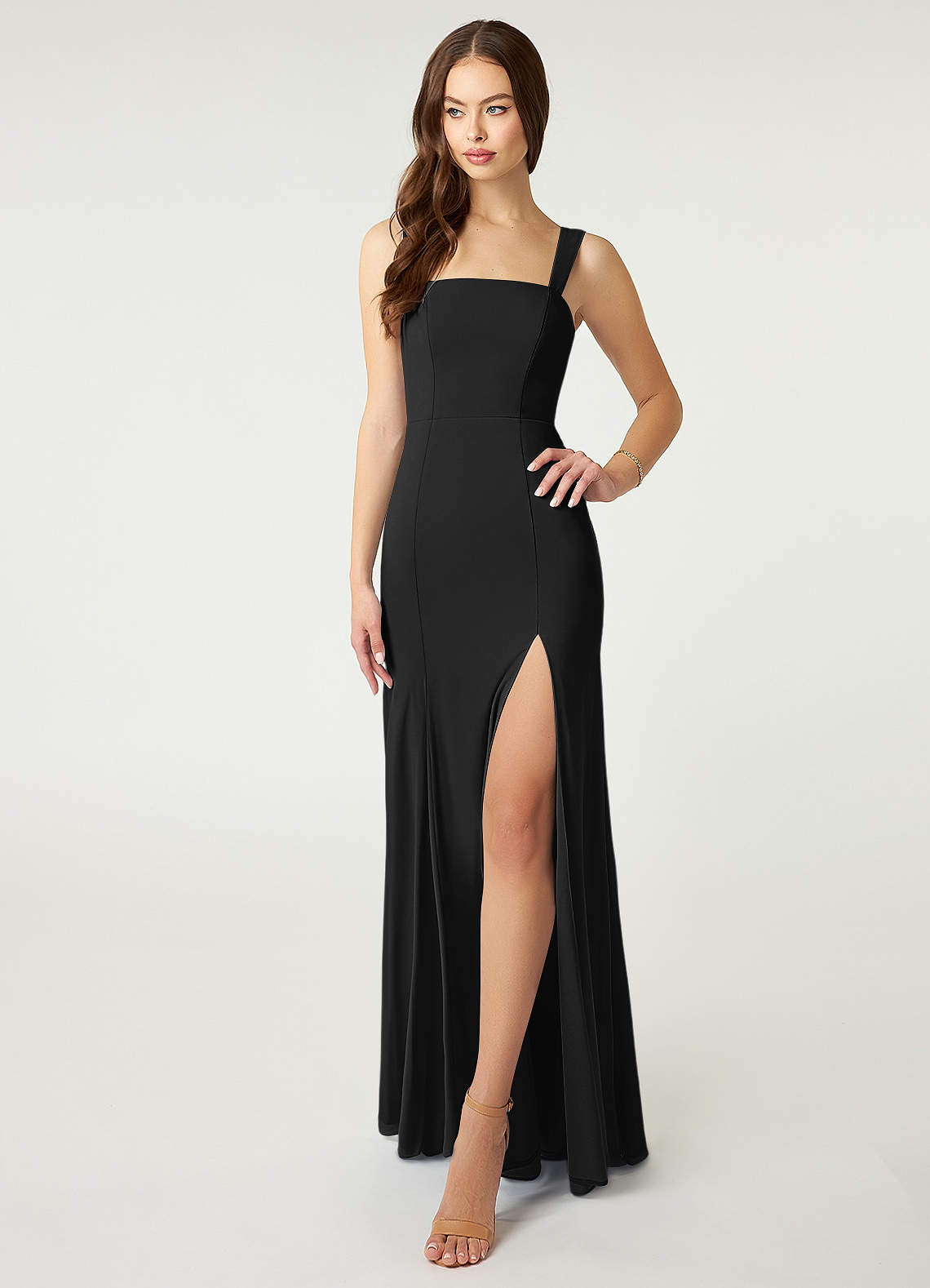 Azazie Alara Bridesmaid Dresses Black Sheath Side Slit Stretch Chiffon Dress image1
