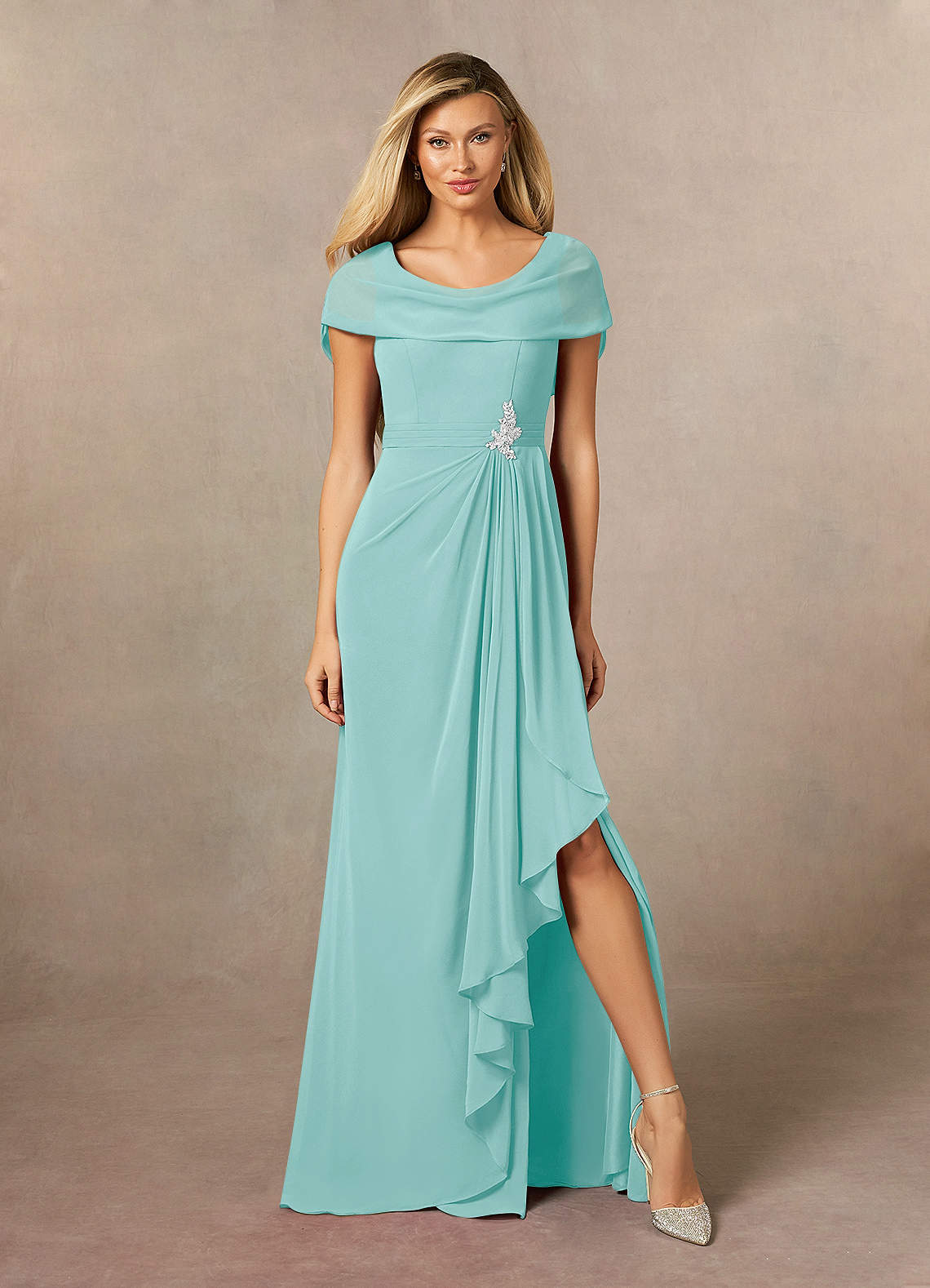 sachin and babi light blue dress Azazie Mary Aqua A-Line Side Slit Chiffon Dress