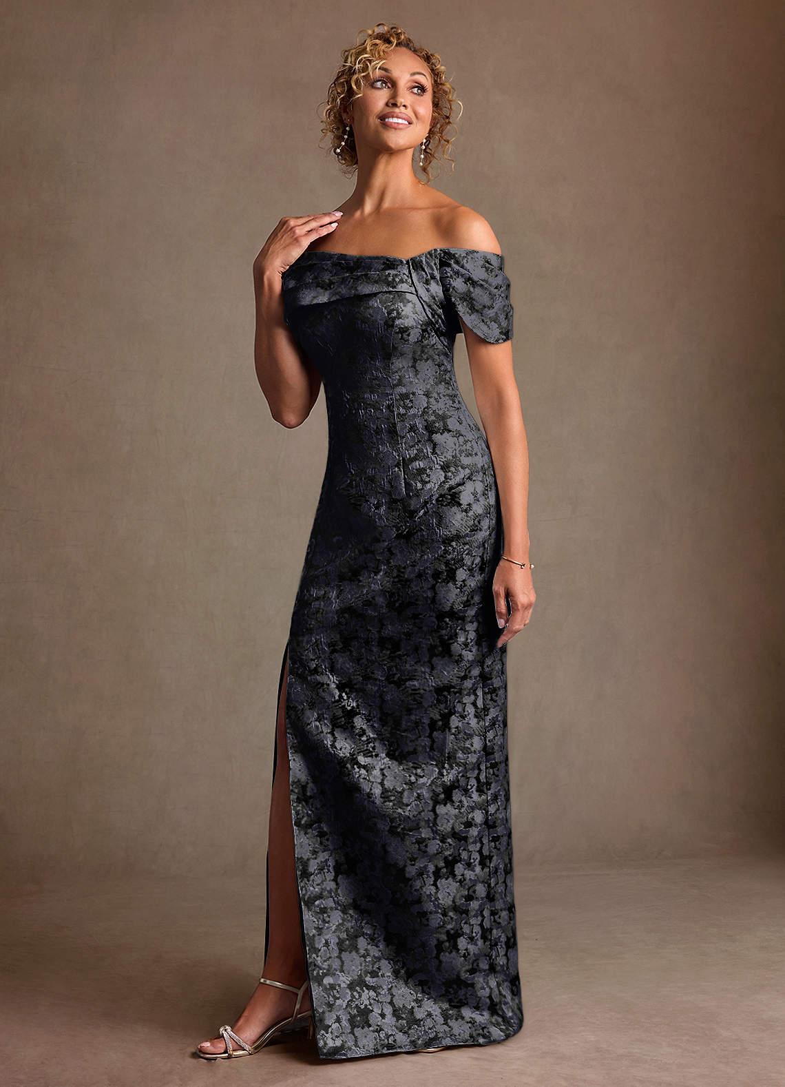 Azazie Zion Black Sheath Off the Shoulder Floral Jacquard Dress