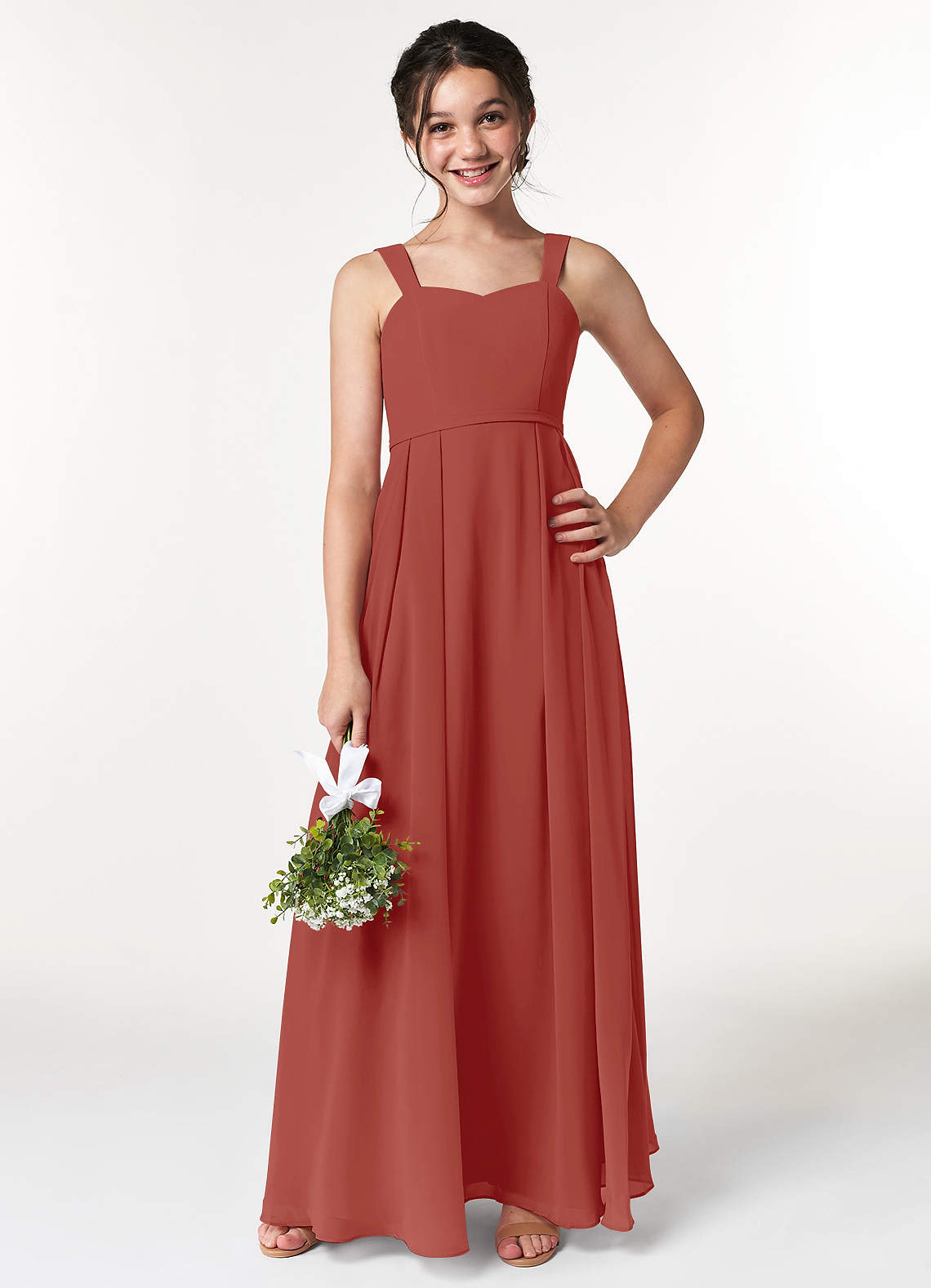 Azazie Simoan Junior Abito A-Line in Chiffon Scollo a Cuore Terracotta image1