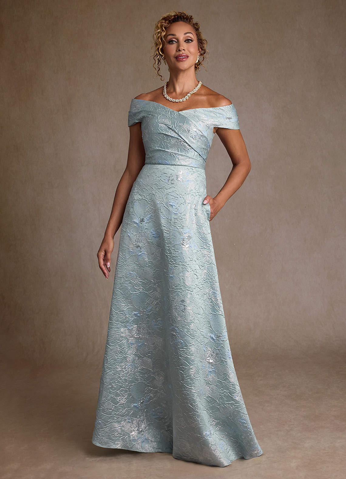 Azazie Lacey Mother of the Bride Dresses Agave Jacquard A-Line Off the Shoulder Floral Jacquard Dress image1