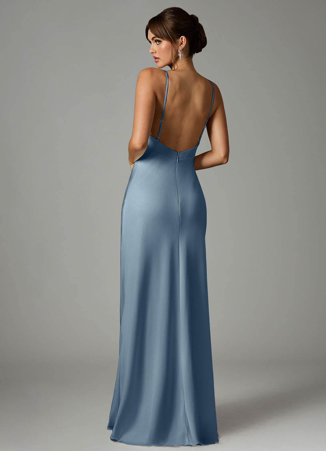 Azazie Stefania Vestidos de madrinha de casamento Vestido Azul Empoeirado de Cetim elástico de Linha A image1