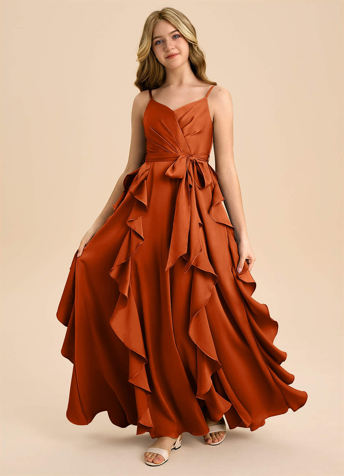 Azazie Peyton Junior Robe Trapèze en Satin extensible Plissée Orange Brûlée image4