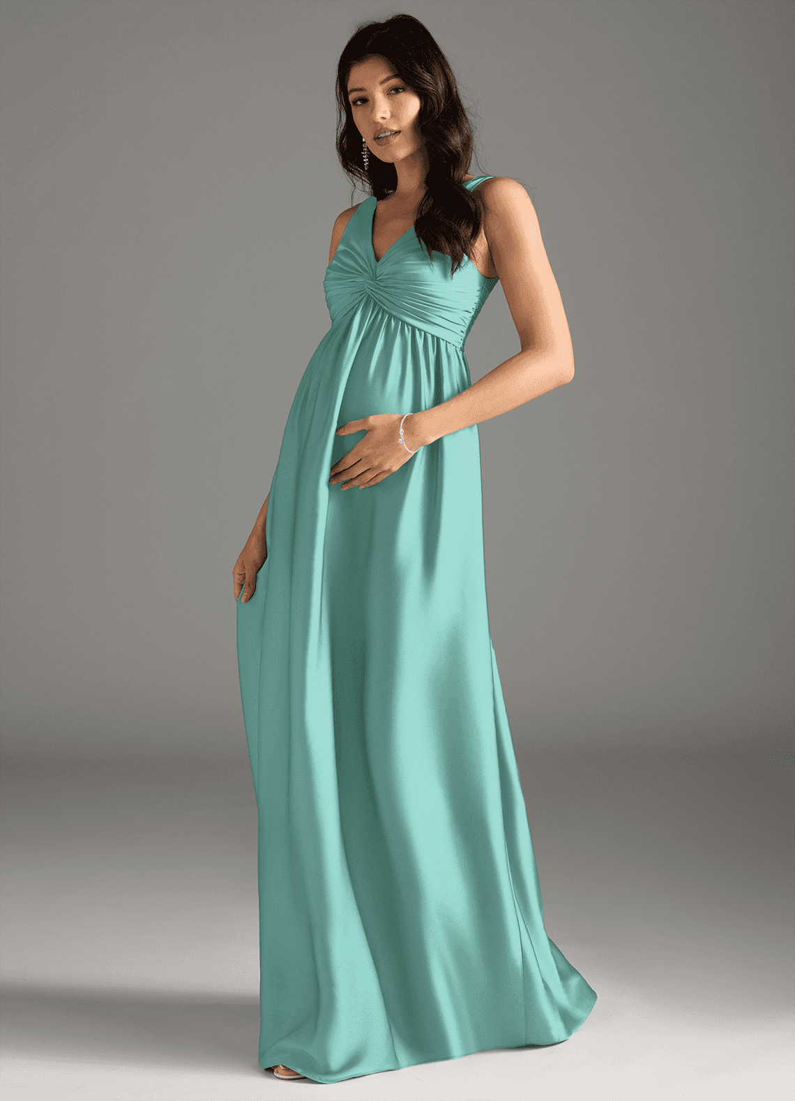 Azazie Yetta Maternity Bridesmaid Dresses A-Line Pleated Stretch Satin Floor-Length Dress image1