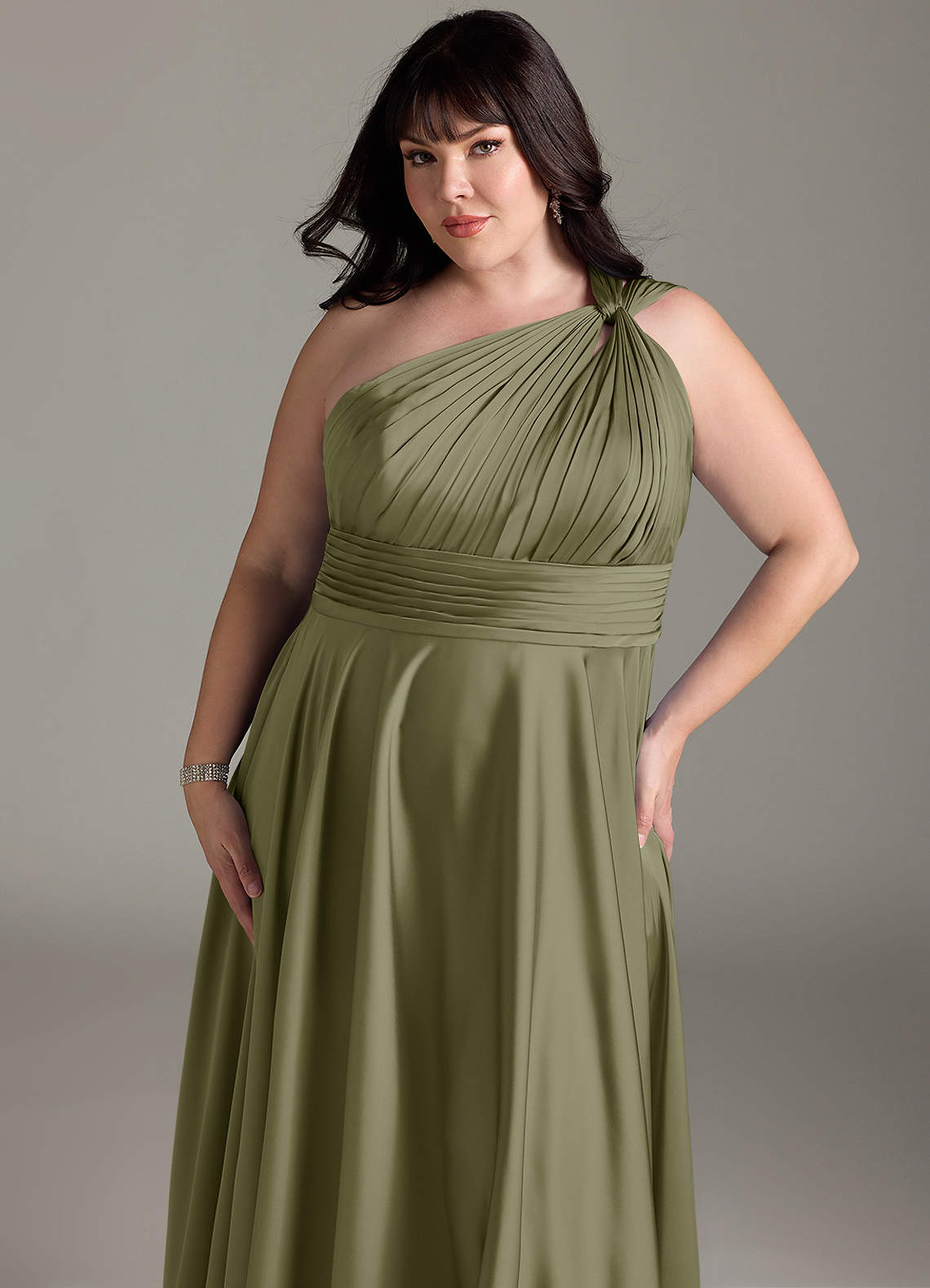 Azazie Charlize Bridesmaid Dresses Pistachio A-Line One Shoulder Stretch Satin Dress image13