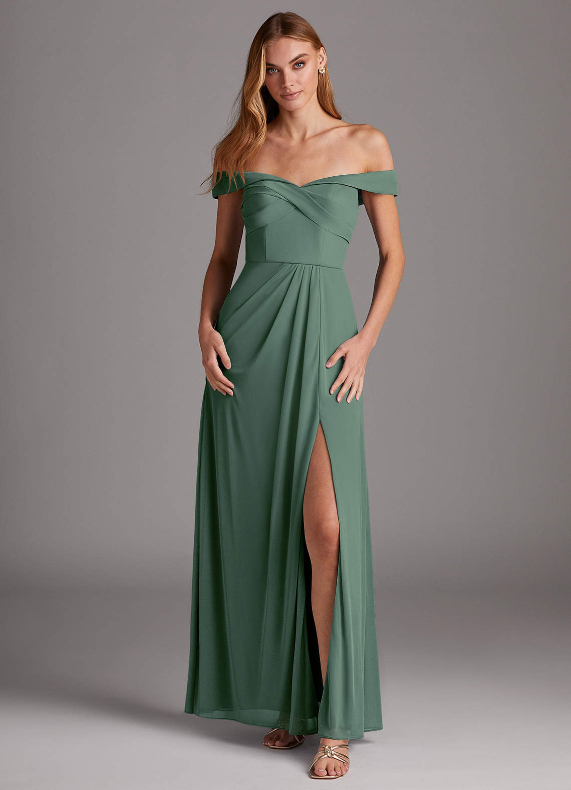Azazie Mena Bridesmaid Dresses Eucalyptus A-Line Off the Shoulder Mesh Convertible Dress image1