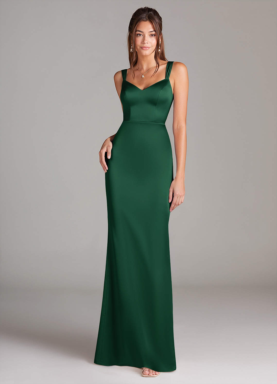 Azazie Denice Bridesmaid Dresses Dark Green Sheath Pleated Stretch Satin Dress image2