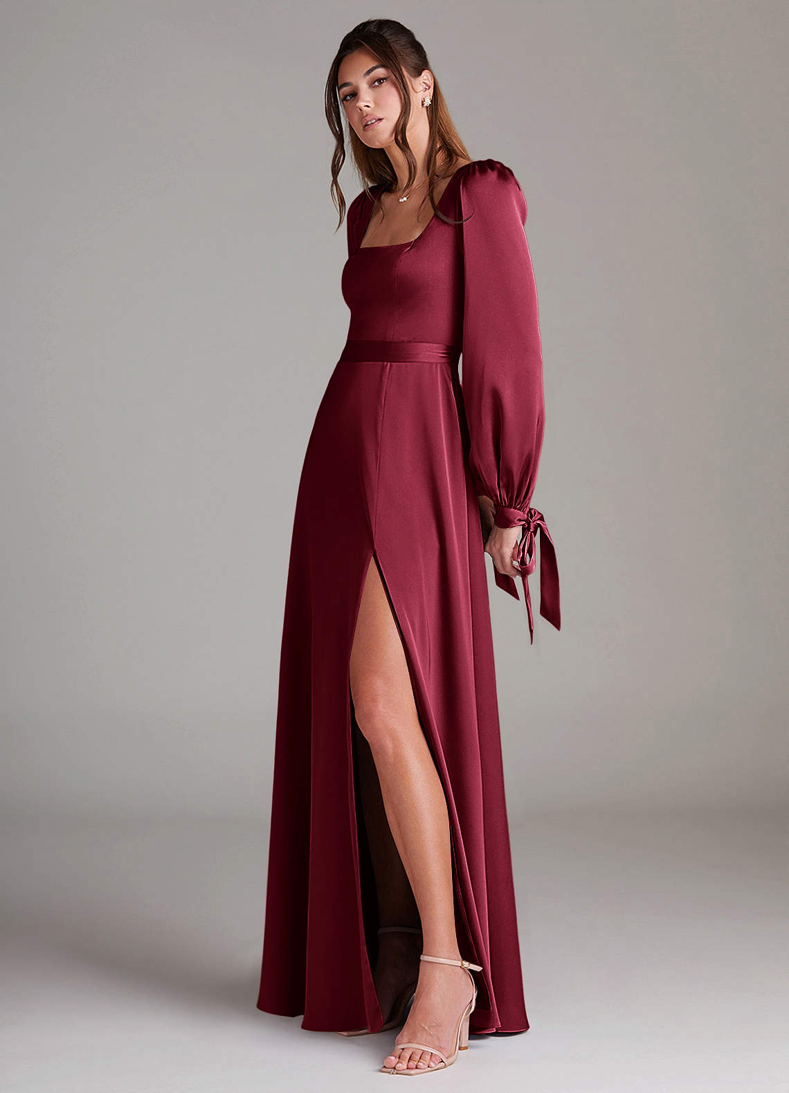 wine bridesmaid dresses with sleeves Azazie A-Line Square Neck Long Sleeve Floor-Length Stretch Satin Size:44W x 32L Crepe rayron ROTATE BIRGER CHRISTENSEN long-sleeves Iron Low Heat.