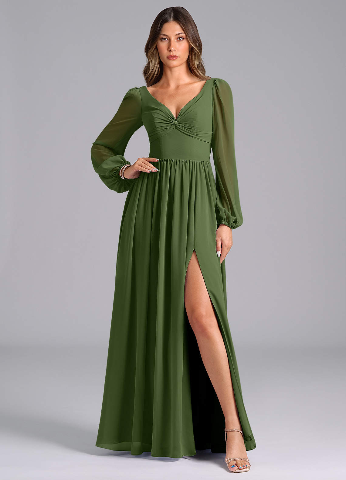 Azazie Zeya Bridesmaid Dresses Olive A-Line Long Sleeve Chiffon Dress image1