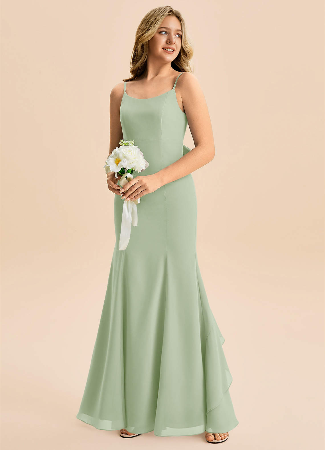 Azazie Lioren Junior Robe Sirène en Mousseline de soie Arc Vert Sauge image3