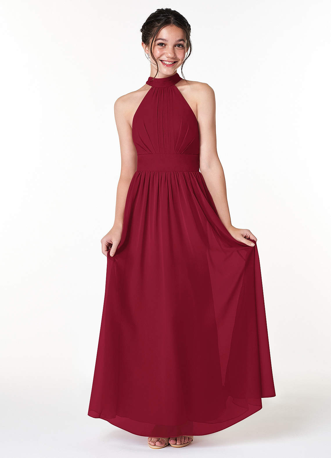 Azazie Iman Junior Burgundy A-Line Pleated Chiffon Dress image1