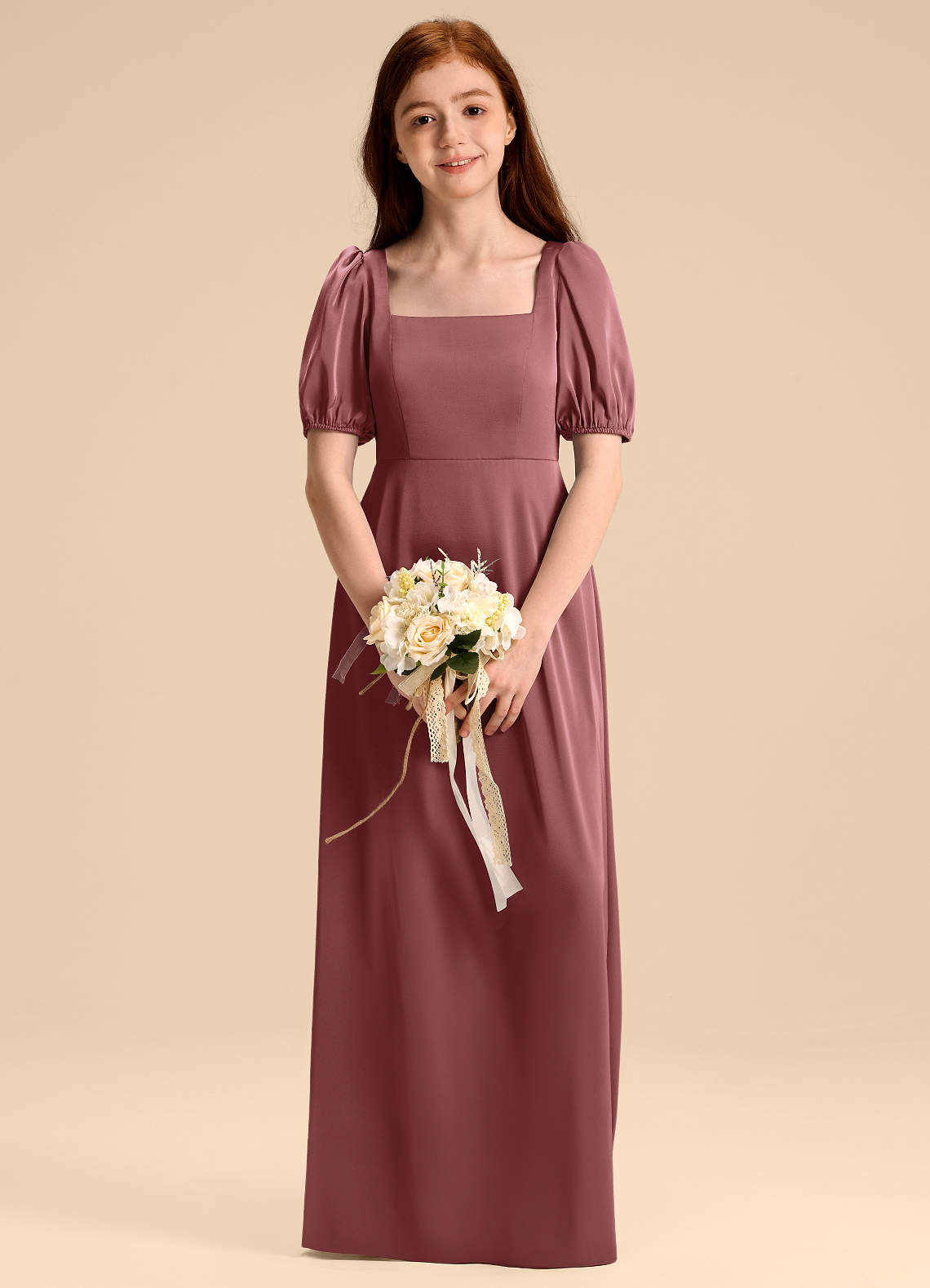 Azazie Briar Junior Robe Trapèze en Satin extensible Arc Améthyste image1