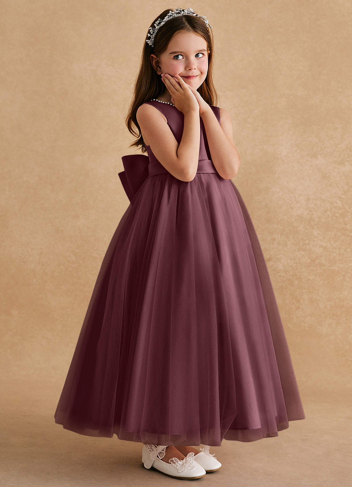 Azazie Cookie Flower Girl Dresses Sangria A-Line Bow Tulle Dress image2