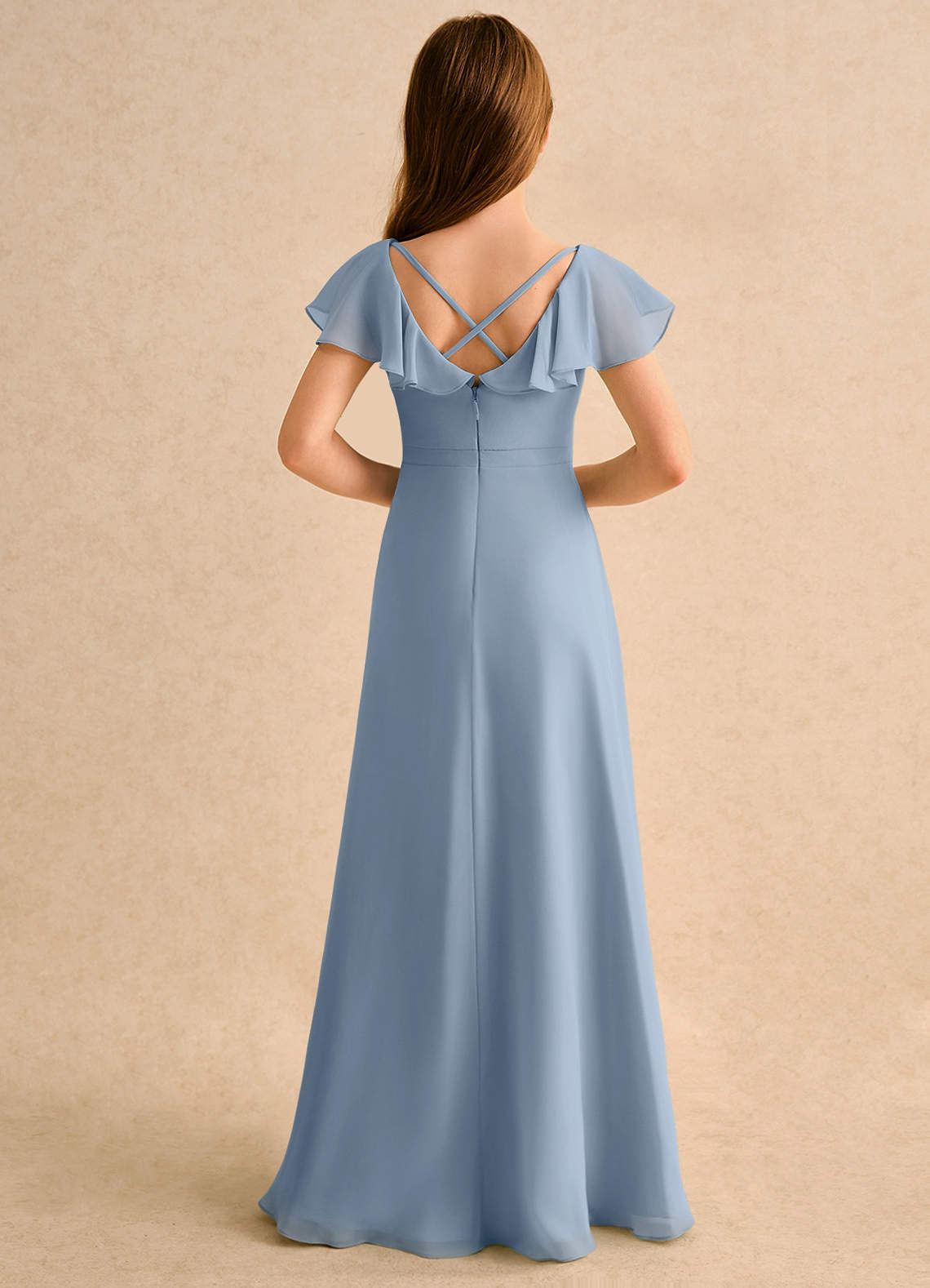 Azazie Nari Girls Formal Kukkatyttöjen mekot A-linja hihallinen Sifonki Lattian pituus Mekko image1